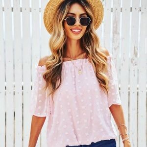 Off the shoulder pink Swiss dots relaxed fit top!